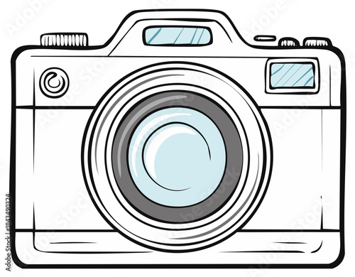 Cartoon style digital photo camera illustration with bold black outlines and a blue lens