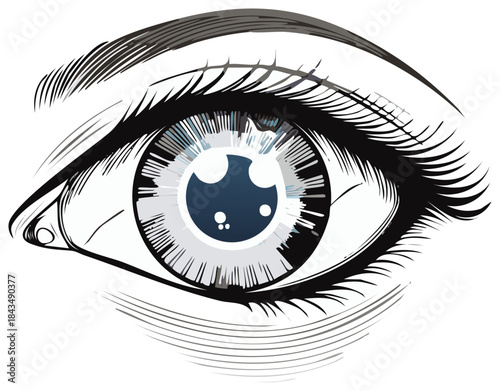 Close up stylized human eye design with long lashes and graphic iris detail creating intense expression