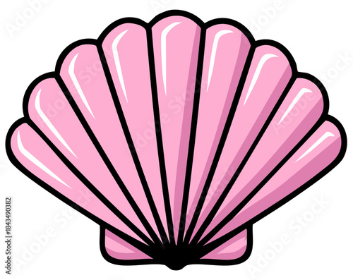 Pink seashell vector illustration, single graphic object with black outline, cartoon style marine mollusk symbol