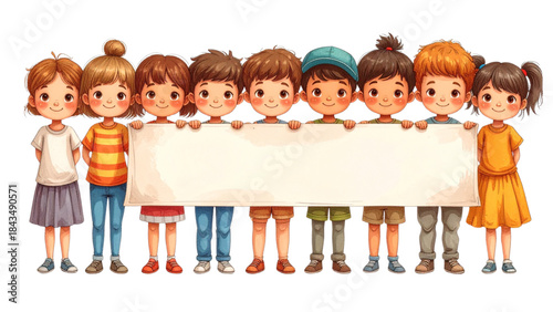 Cartoon illustration of a smiling group of children holding a blank fun banner