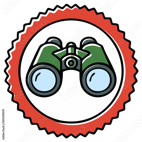 Green binoculars inside decorative circular emblem for exploration or viewing