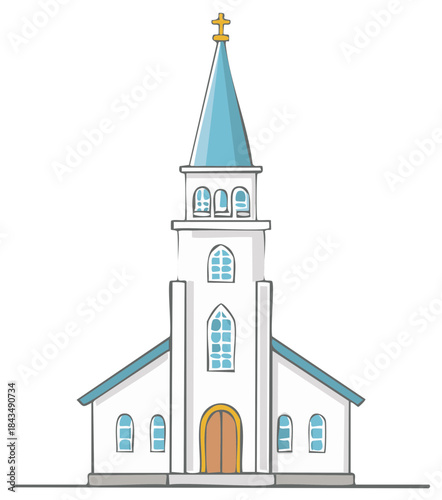 Hand-drawn illustration of a classic white church building with a steeple and cross