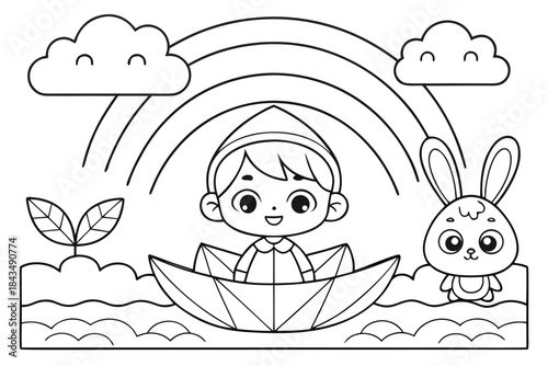 Active Child Running and Playing Black and White Outline Vector Illustration for Kids Outdoor Coloring Page