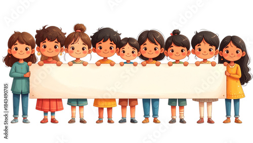 Cartoon vector illustration of a group of smiling children and business people holding a Blank colorful banner