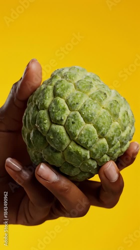 Person Holding a Sugar Apple or Sweetsop Against Yellow Background