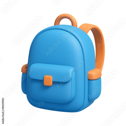 A cheerful blue 3d backpack with bright orange details, ready for adventures and carrying essentials. isolated on transparent background, illustration