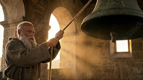 Old man monastic bell ringer in sunlight. Monk ringing bell in monastery bell tower. Church service or ceremony tradition.