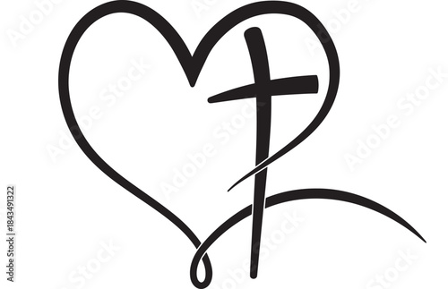 A black heart and cross symbol faith and love representation on transparent background silhouette