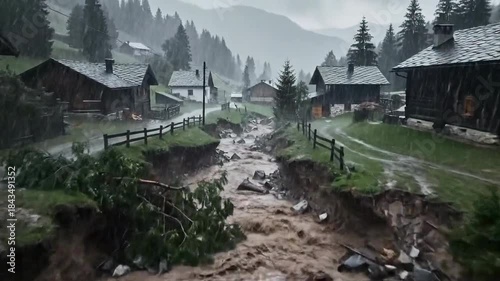 Dramatic Floodwater Rushes Through Mountain Village after Heavy Rainfall