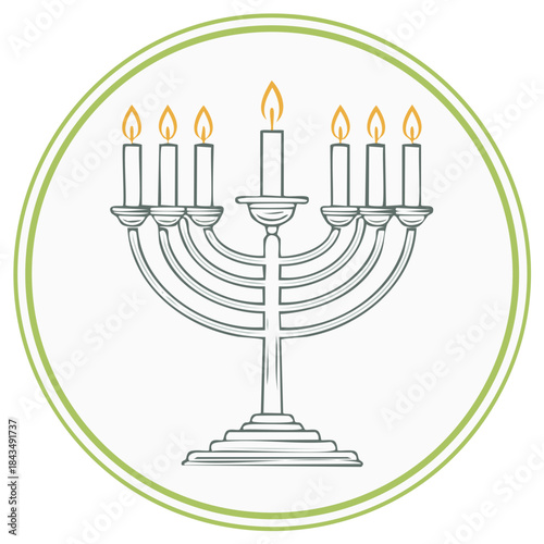 Seven Candles in a Candelabra within a Green Circle Shape, Jewish Hanukkah Holiday Vector Line Art Illustration