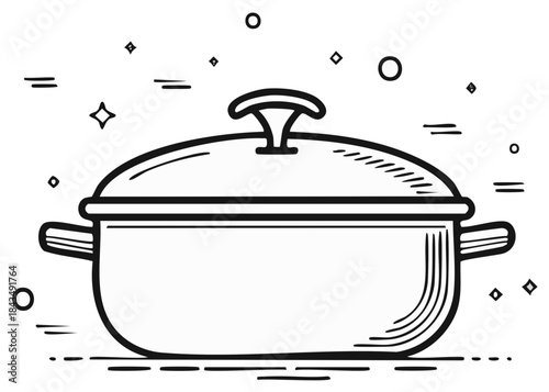 Hand drawn cooking pot with lid and stylized steam or sparkles