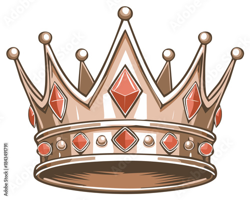Luxurious golden crown illustration with red gem embellishments, vector graphic.
