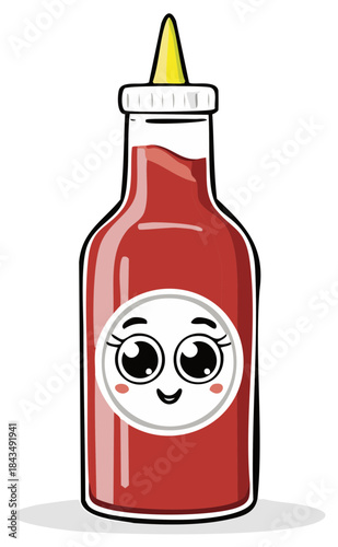 Happy Ketchup Bottle with Adorable Smiling Face and Squeeze Top Vector Illustration