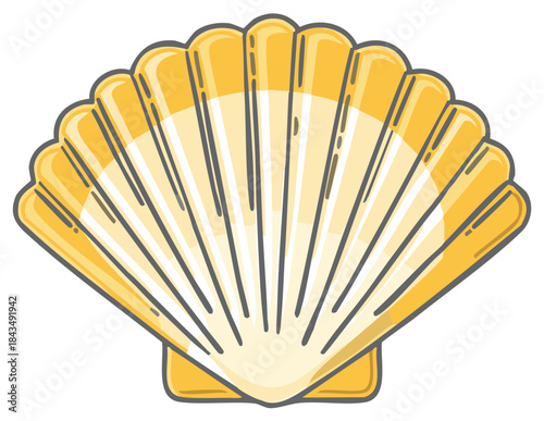 A golden scallop shell with prominent radiating ridges and a clean minimalist design