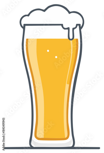 Tall glass of golden beer with frothy head overflowing illustration