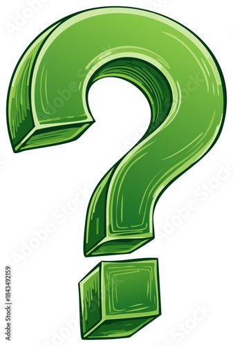 Stylized 3D green question mark symbol illustrated in a cartoon graphic style