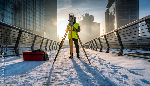 Surveyor Working with Theodolite on Snowy Bridge in Urban Environment.
