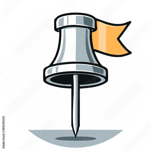 Silver pushpin with orange flag icon for map location marker or destination point