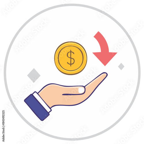 Cashback, refund, and income concept icon with hand receiving a gold dollar coin