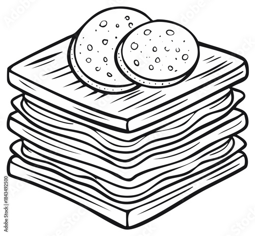 Sliced Meat Sandwich Stack: Fresh Deli Meat and Square Bread Line Art Illustration