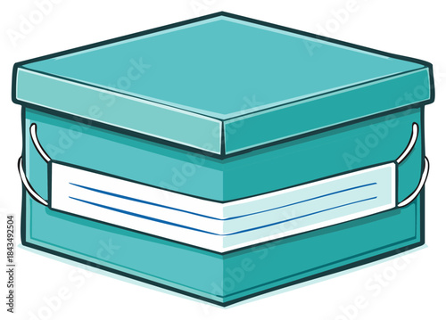 Teal gift box with a white protective face mask wrapped around its sides