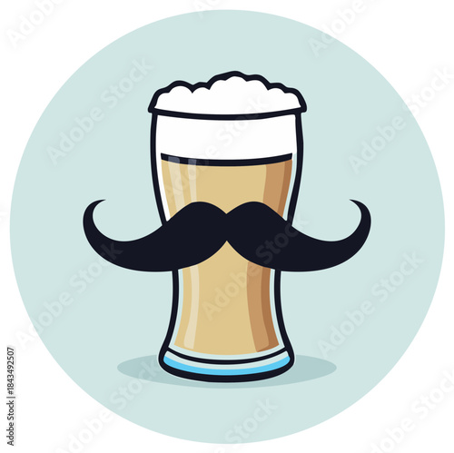 Playful illustration of a beer glass featuring a frothy head and a prominent black handlebar mustache