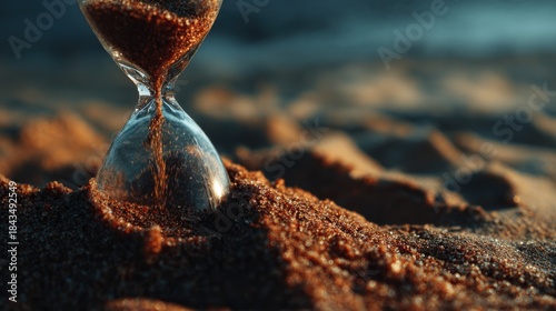 Hourglass sits in sand as grains fall slowly, creating a moment of reflection on time at the beach during sunset