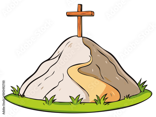 Stylized depiction of a hill with a wooden cross atop and a winding path