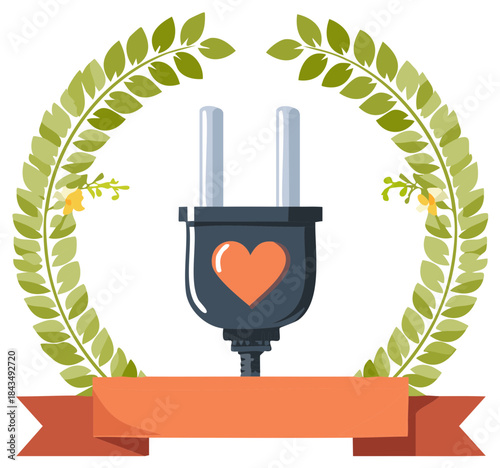 Green energy electric plug with heart design surrounded by a natural leaf wreath and banner