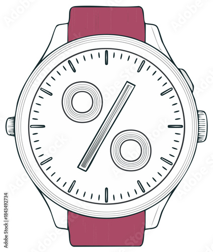 Discount Time: Stylish wristwatch with percentage dial for promotion themes.