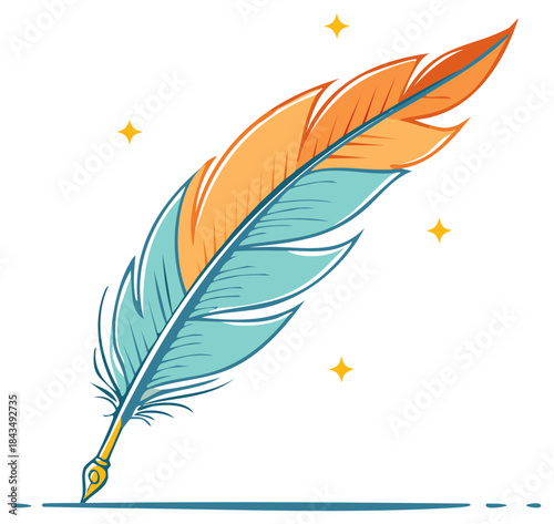 Quill Pen Writing Tool Teal and Orange Vector Illustration