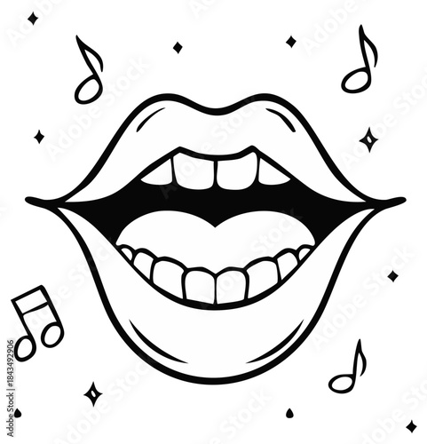 Open mouth singing with musical notes and sparkles in black and white illustration