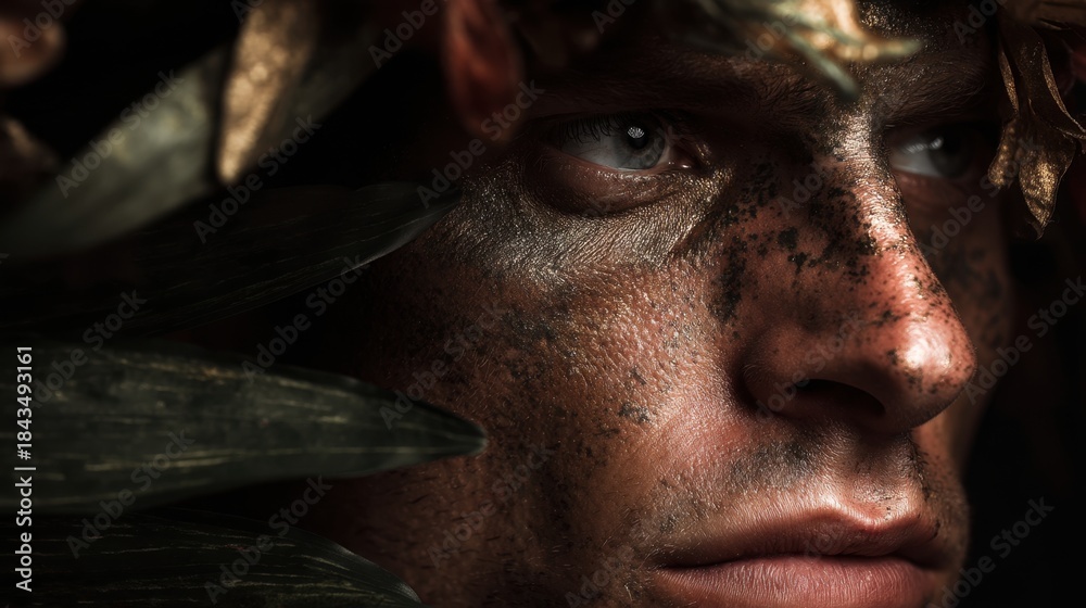 Naklejka premium A man with a beard and a beard is wearing a leafy headpiece. He has a serious expression on his face