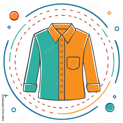 Illustrated two tone button up shirt design with pocket and detailed collar, decorative graphic, flat style