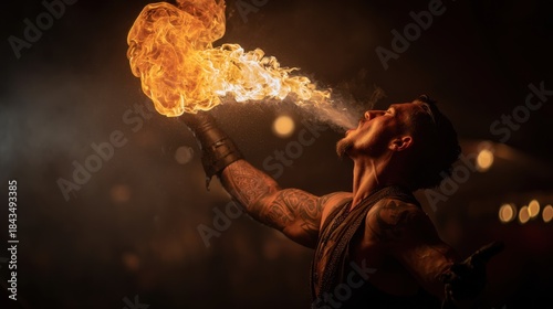 Fire performer shows skill by breathing flames at night event in city market with crowd in the background