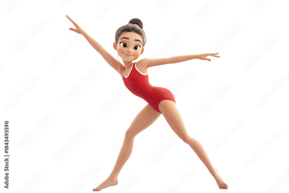 Obraz premium 3D illustration of a cute little female gymnast wearing a red gymnastic suit posing, on a transparent background