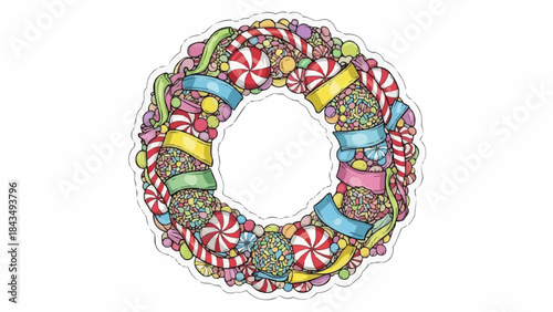 Vibrant candy wreath with colorful sweets and ribbons for festive decoration