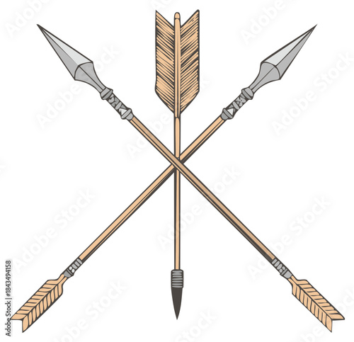 Vintage style crossed spears and arrow illustration depicting hunting and defense symbols