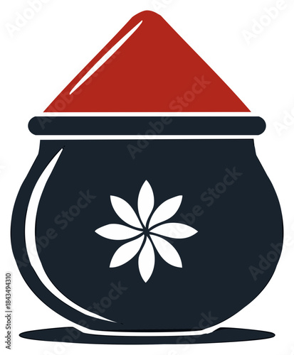 Vector illustration of a traditional decorative pot with a red lid and floral design