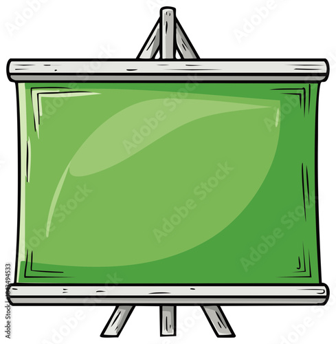 Blank green chalkboard on a portable easel with a cartoon sketch style