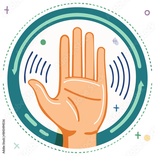 Open hand radiating waves indicating touchless technology gesture control or smart sensor detection