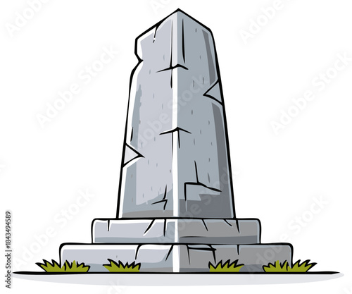 Cartoon Monument Illustration - Stone Structure on Base with Grass, Isolated