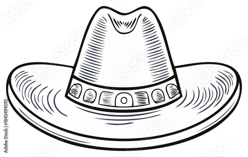 Western cowboy hat with decorative band sketched in black and white line art style