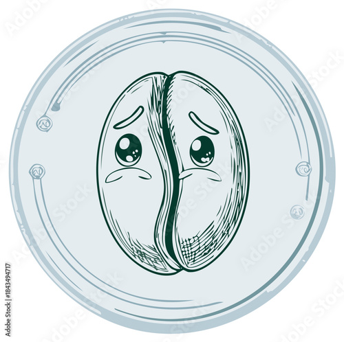 Two sad coffee beans in a gray circle. Illustration of sorrowful coffee beans.