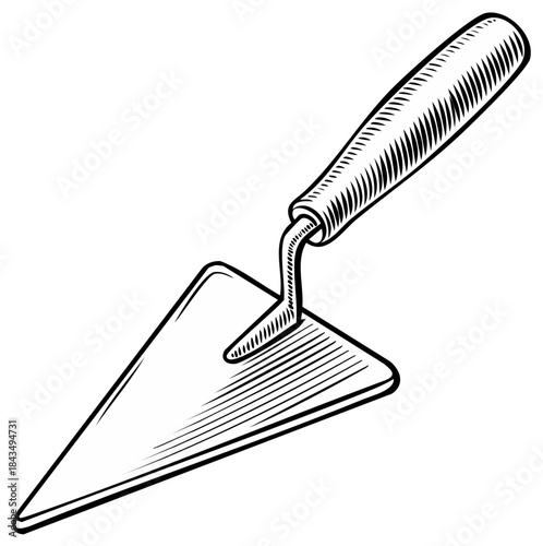 Line art illustration of a trowel tool for masonry, construction, and home improvement projects