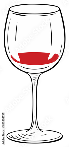 Wine glass illustration with red wine, stemware, line art
