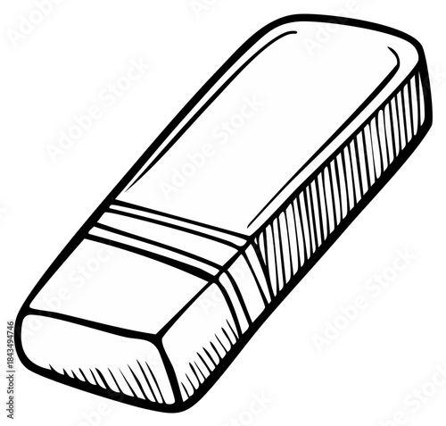 Hand drawn illustration of a classic school eraser in a black and white sketch style
