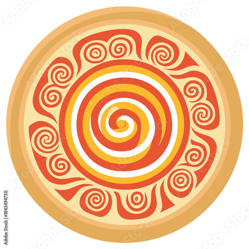 Flat illustration of a round pizza with swirling toppings and a crust