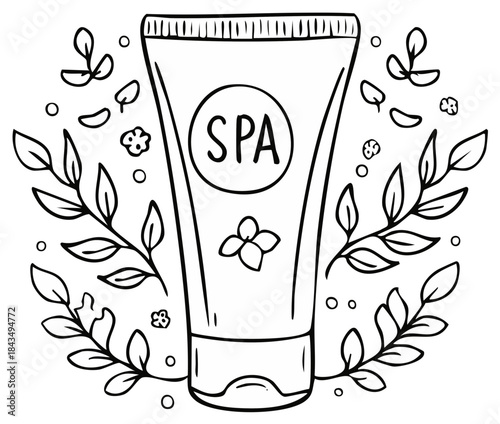 Hand drawn spa cream tube with natural botanical leaves and flowers illustration