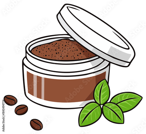 Coffee Scrub Illustration: Natural Skin Exfoliation with Coffee Beans and Mint Leaves